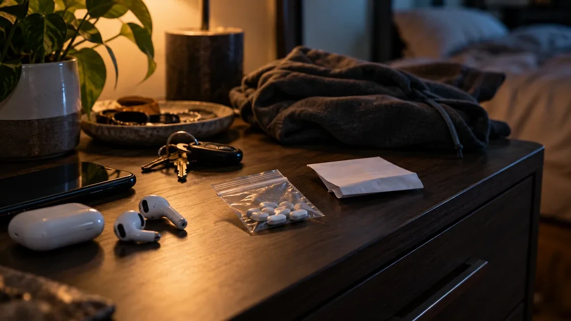 Unmarked pills beside a phone and keys illustrating hidden cychlorphine risk
