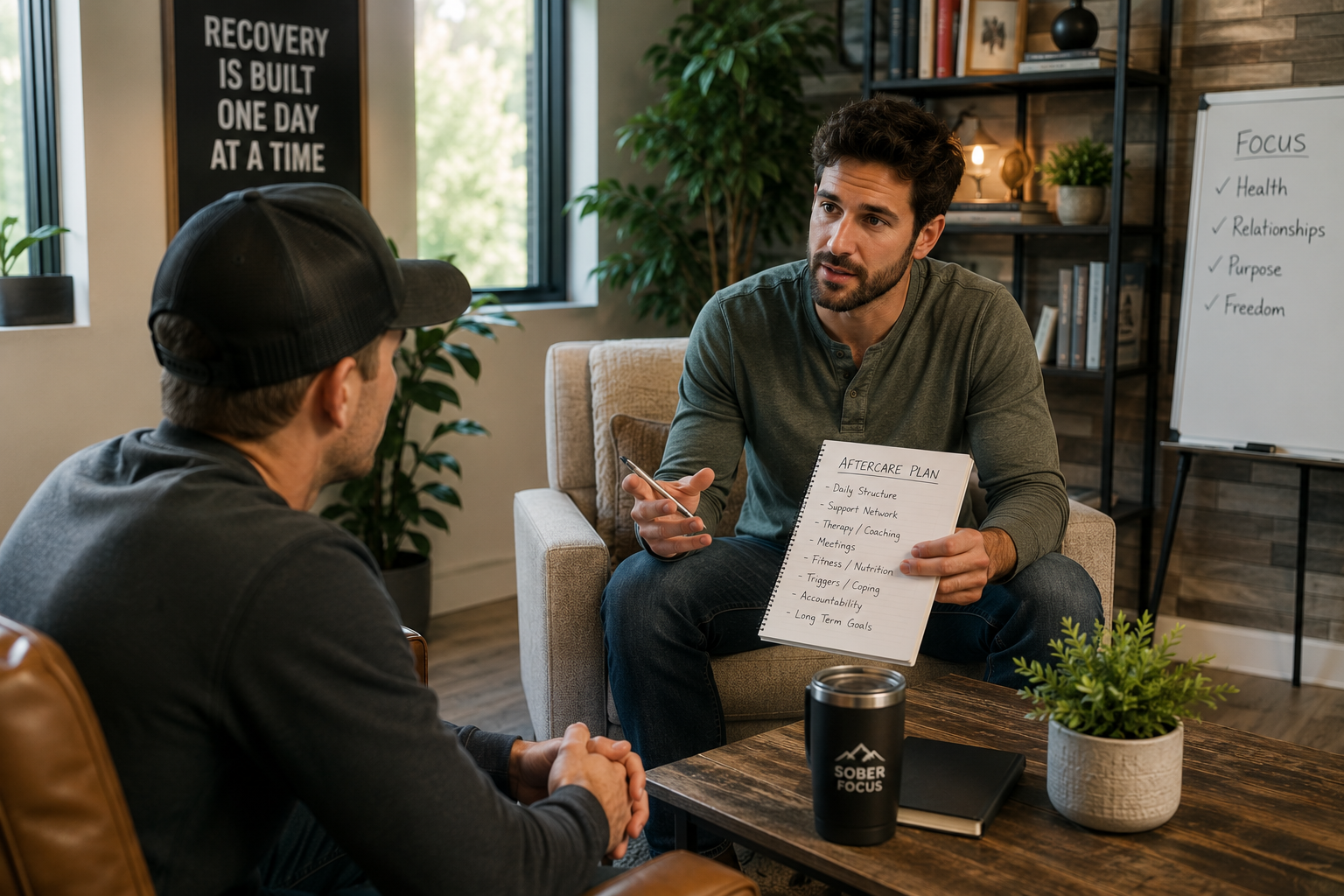 Recovery professional reviewing aftercare plan with client in recovery setting