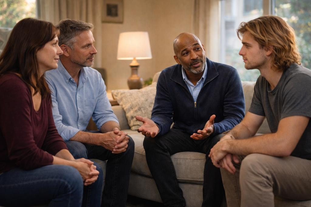 Recovery coach speaking with parents and young adult son in a living room setting
