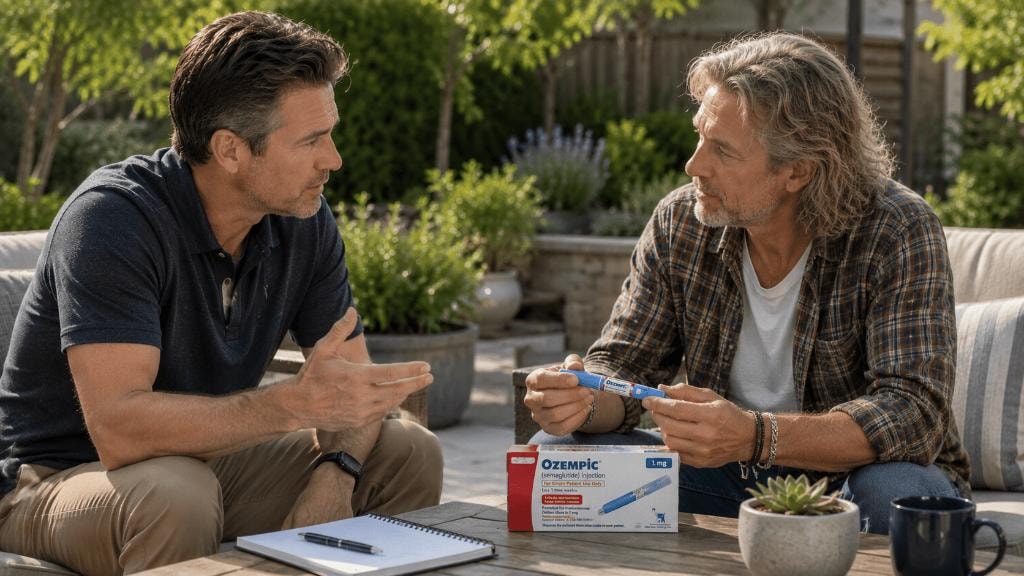 Sober companion discussing GLP-1 medication options with male client outdoors