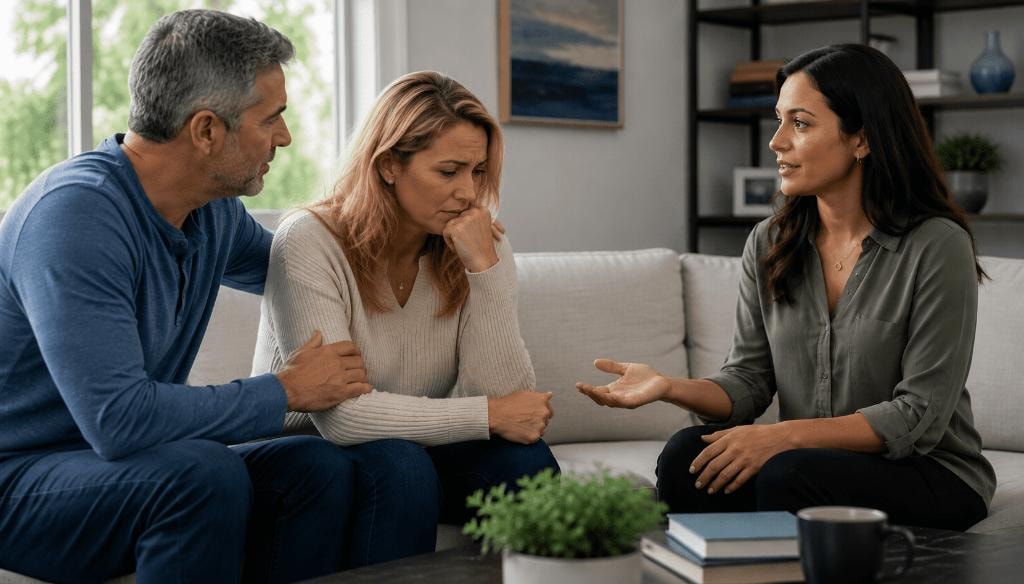 Sober companion meeting with family to discuss recovery support plan