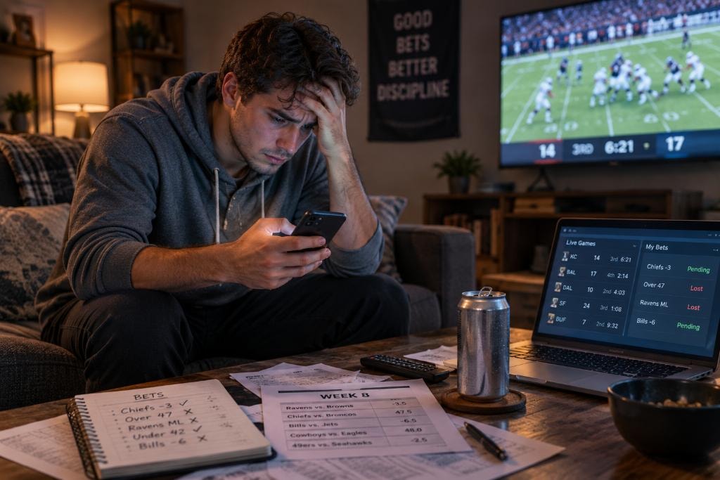 Young man distressed over sports betting losses with betting slips and laptop showing lost bets