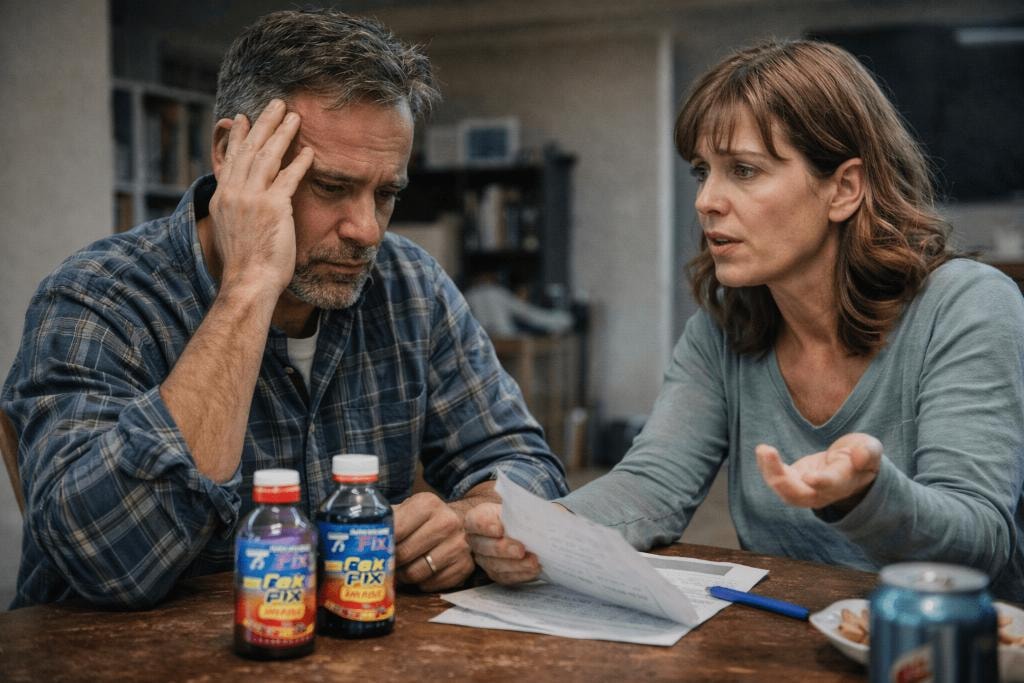 Distressed parents at table reviewing tianeptine bottles and paperwork