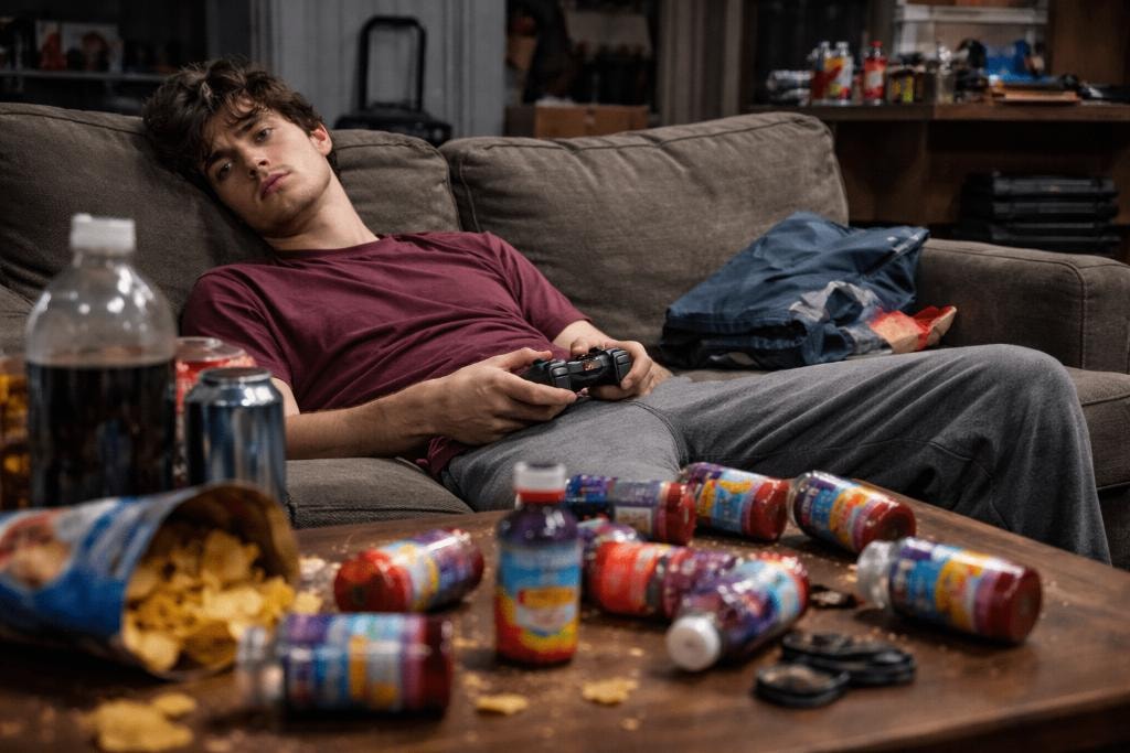 Young man on couch surrounded by tianeptine bottles and snacks