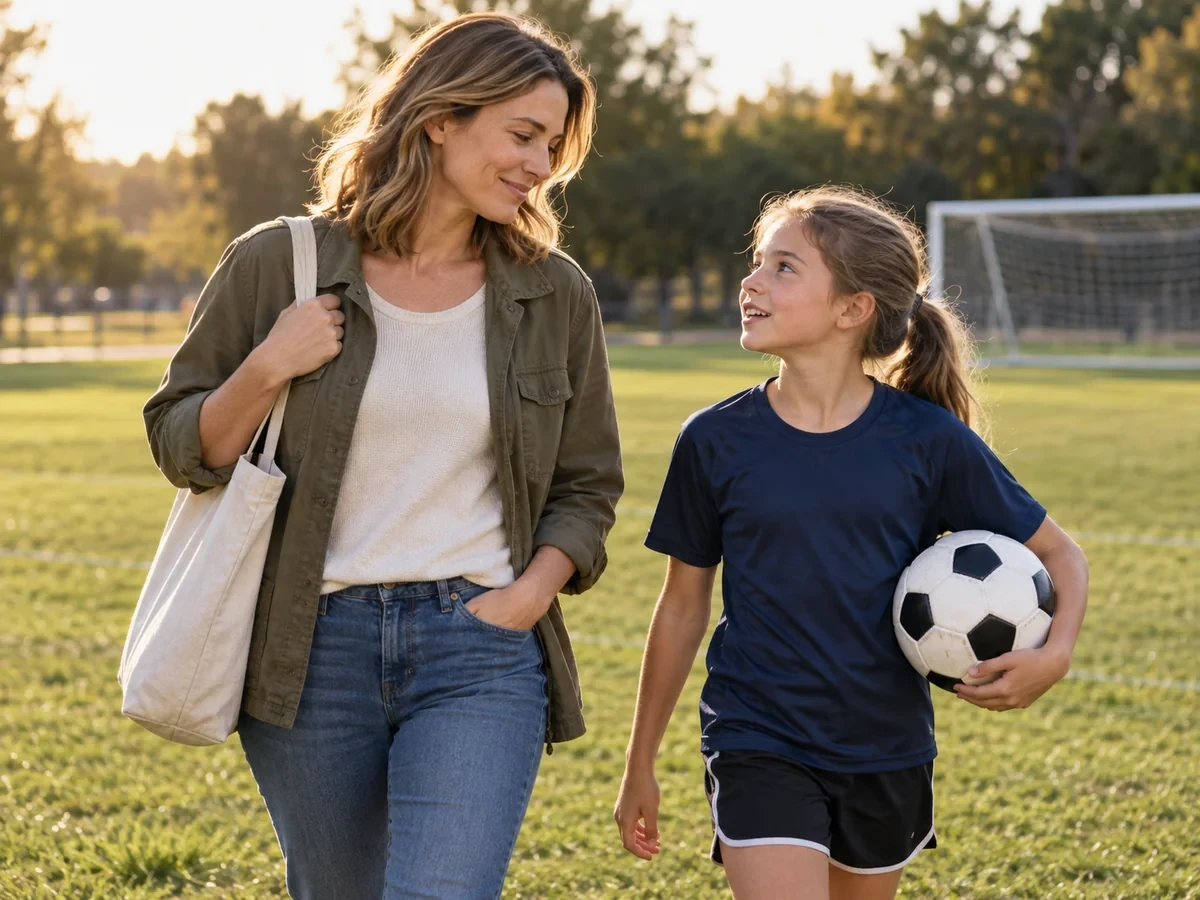 Illustrative scene of a mother walking with her daughter after soccer practice.