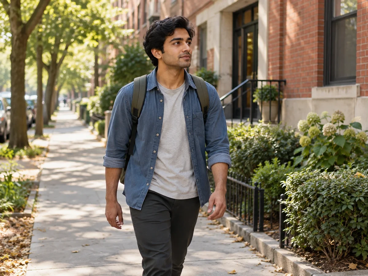Illustrative scene of a young man walking through a residential neighborhood.