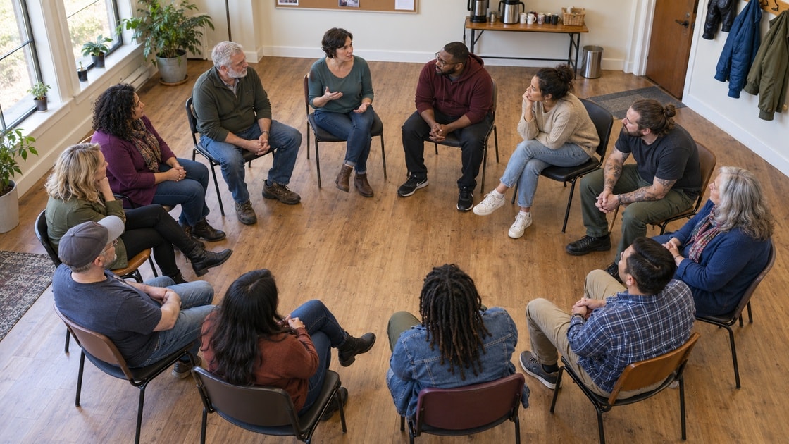 Diverse group recovery meeting in circle