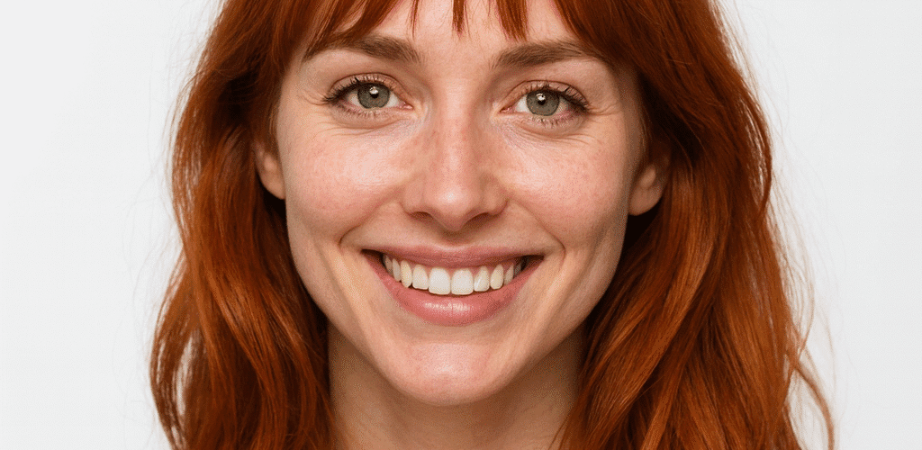 Smiling young woman with red hair and bangs.