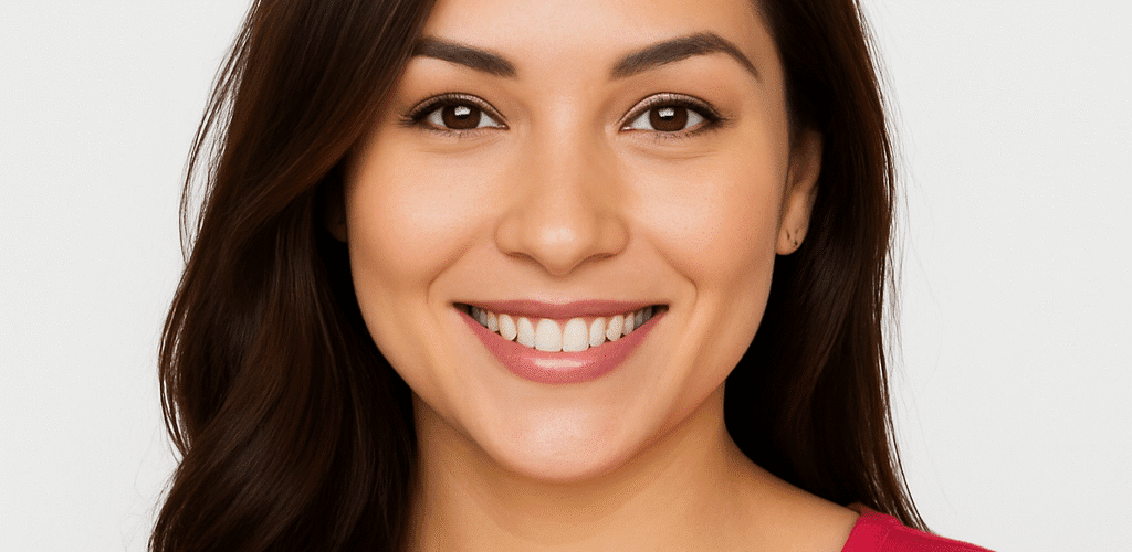 Smiling woman with long dark hair wearing a red top.