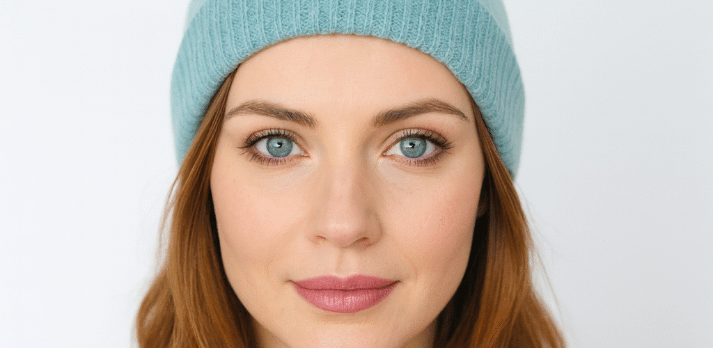 Woman wearing a light blue knit hat and pink sweater.
