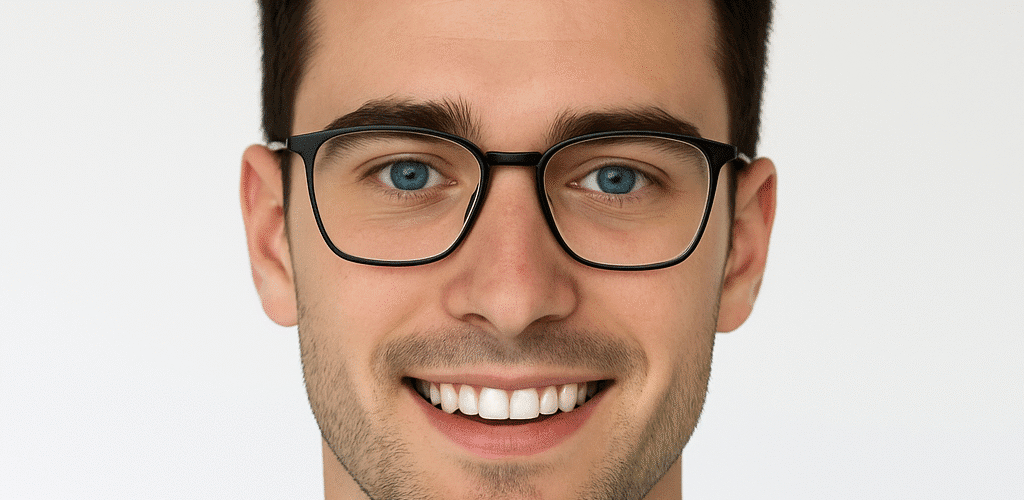 Young man with glasses smiling brightly.