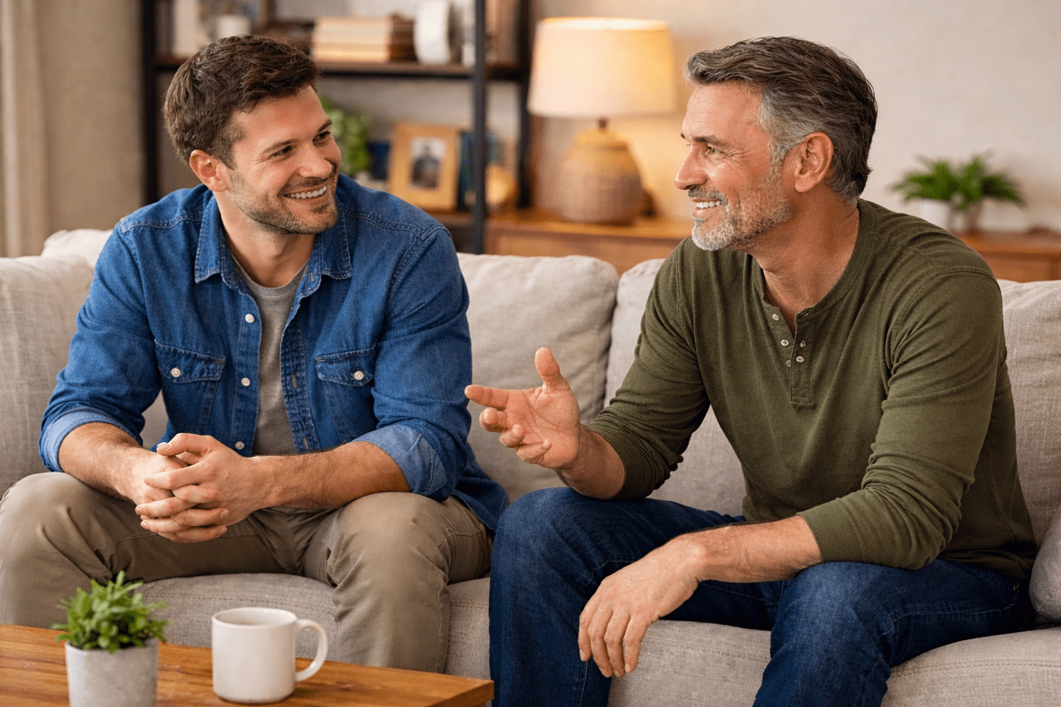 Sober companion supporting a client at home in a private one-on-one recovery conversation