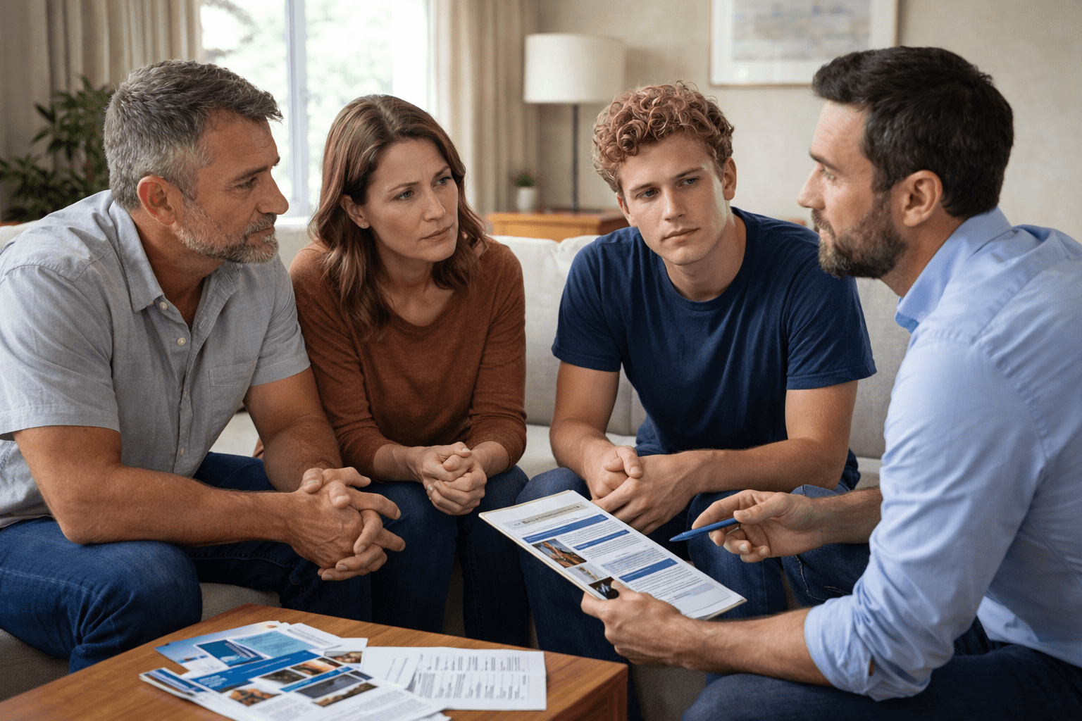 Recovery professional explaining rehab options to a concerned family