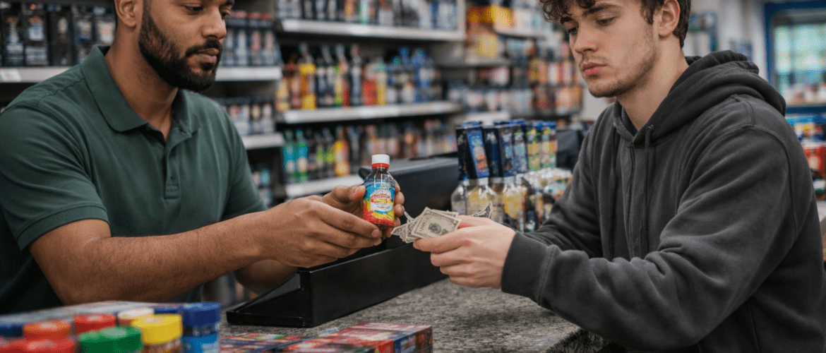 Young man purchasing gas station supplement linked to tianeptine addiction