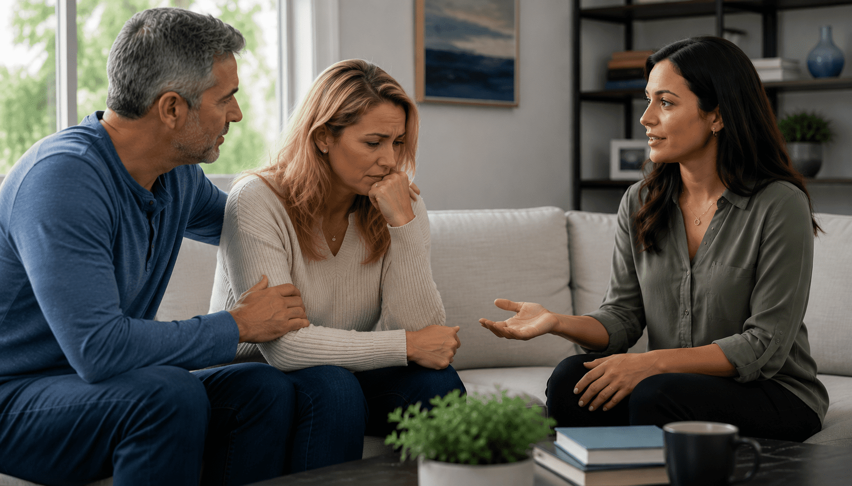 Family discussing sober companion support and relapse prevention after rehab
