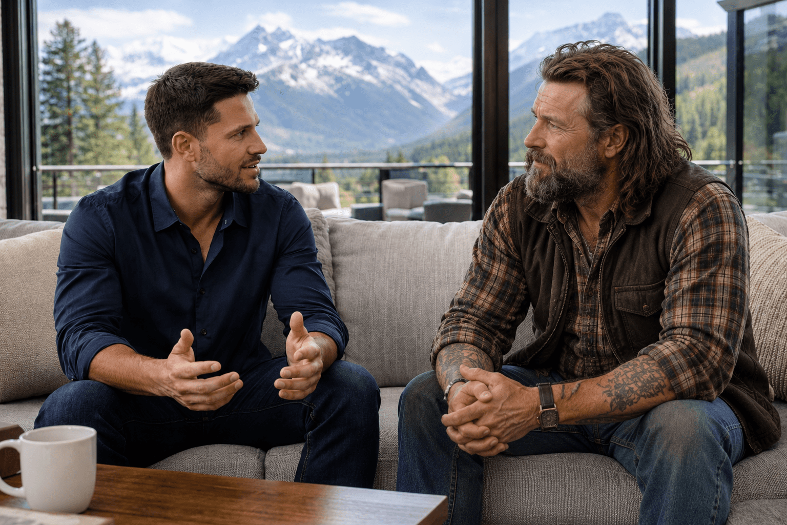 Sober coach meeting privately with a client in a calm, comfortable home setting